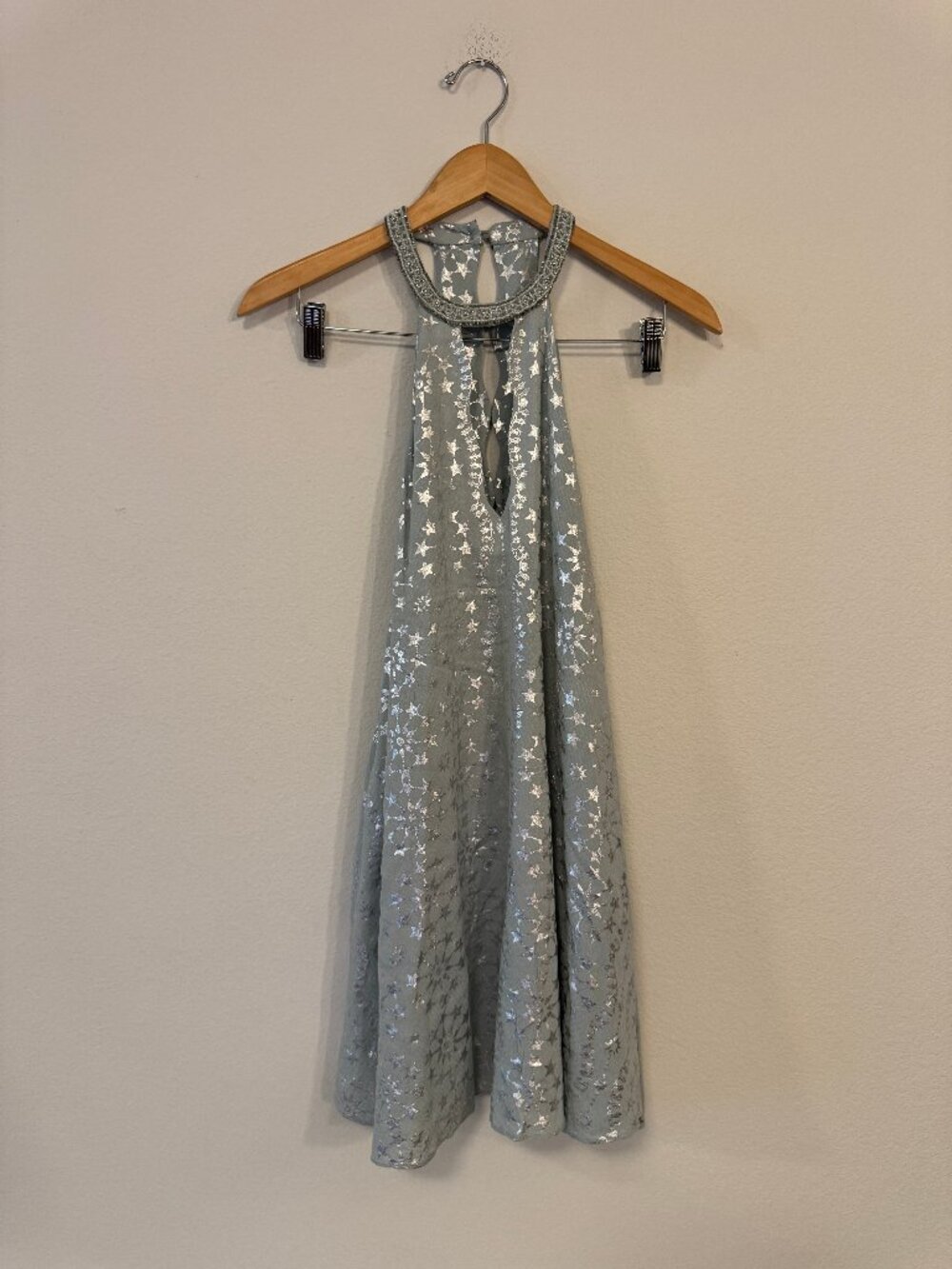Kimchi Blue Womens Metallic Star Beaded Halter Mini Dress Blue Silver S